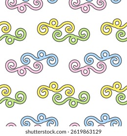Cute decorative abstract geometric doodle seamless pattern featuring colorful swirls and curls in pastel tones on a white background. Perfect for nursery, wallpaper, wrapping paper and gift box.