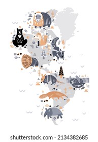 Cute decorative America animals and forest elements on map. Decorative handmade poster for print. Isolated icons in scandinavian style. Vector illustration.