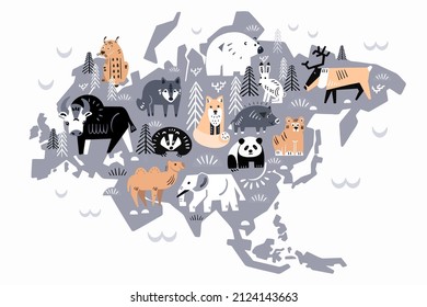 Cute decorative animals Europe Asia and forest elements on map. Scandinavian handmade poster for print. Vector illustration.