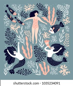 海の中に人魚と水泳の女の子がいるかわいい装飾的な背景 手描きのベクターイラスト 水中カードデザイン のベクター画像素材 ロイヤリティフリー Shutterstock
