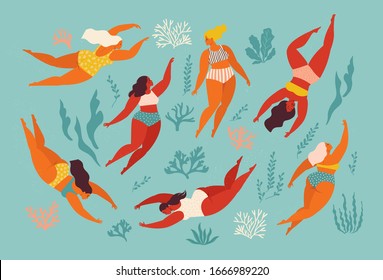 Rund dekorativer Hintergrund mit schwimmenden Frauen und Mädchen im Meer oder Ozean. Vektorillustration. Unterwasserkunstdesign. Schwimmen und tauchen im Meer.