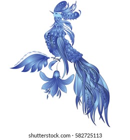 Cute decorative bird vector illustration with flowers in blue colors