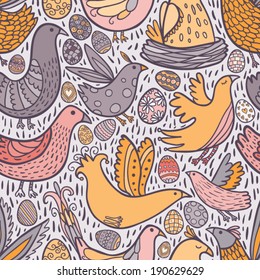 cute decorative birds and eggs seamless pattern
