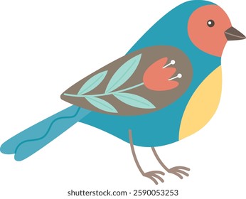 Cute decorative blue bird with floral ornament. Spring animal in scandinavian style and colors	
