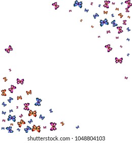 Cute decorative butterfly silhouette kite backdrop frame on white. Spring butterfly hover theme vector in pink, violet, red, blue and purple colors. Repeating insect soar backdrop for advertising.