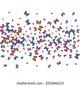 Cute decorative butterfly silhouette kite texture on white. Spring butterfly hover theme vector in pink, violet, red, blue and purple colors. Repeating insect soar backdrop for interior.