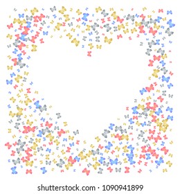 Cute decorative butterfly silhouette kite background on white. Spring butterfly hover theme vector in gold, silver, blue and red colors. Repeating insect soar artwork for marketing.