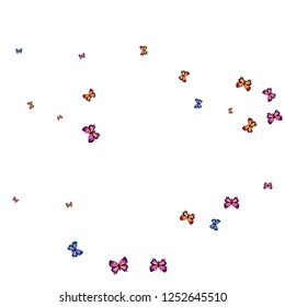 Cute decorative butterfly silhouette kite background on white. Nature butterfly hover theme vector in pink, violet, red, blue and purple colors. Repeating insect soar backdrop for advertising.
