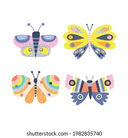 Cute decorative butterfly vector clipart set isolated on white. Scandinavian naive childish style illustration. Summer whimsy bug for modern kid graphic design.