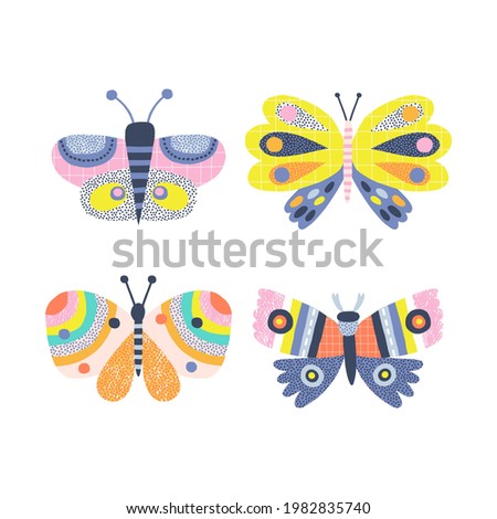 Cute decorative butterfly vector clipart set isolated on white. Scandinavian naive childish style illustration. Summer whimsy bug for modern kid graphic design.