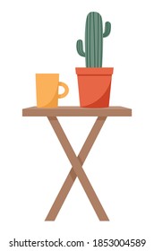 Cute decorative cactus, nightstand and cup.  Modern furniture, room interior and home accessories. Home plant and cup on table. Vector flat design illustration template isolated on white background