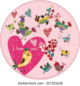 Cute decorative card with hearts and birds for lovers in a cartoon style.