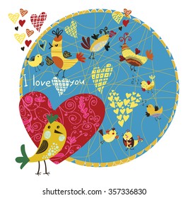 Cute decorative card with hearts and birds for lovers in a cartoon style.