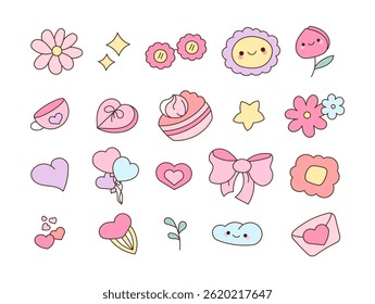 Cute decorative cartoon design elements with hearts, flowers, stars, cakes, bows, balloons, gifts, envelopes, clouds, sparkles and icons