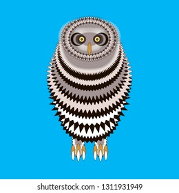 Cute decorative cartoon owl isolated. Patterned owl on a blue background. Concept for design of t-shirt, bag, tattoo, print, postcard, poster, invitation, children's birthday. Vector flat graphics.