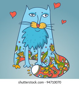Cute Decorative Cat,  vector illustration. Cat lover , romantic background