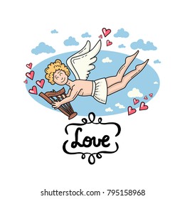 Cute decorative cover with colored Cupid on white background. Illustration on the theme of love and valentine's day. Vector background for use in design
