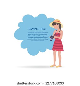 Cute decorative cover with flat style women and camera. Illustration on the theme of photo