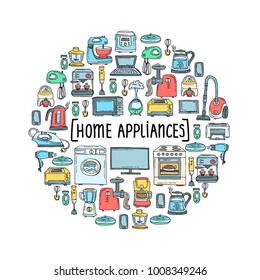 Cute decorative cover with hand drawn colored equipment on white background. Illustration on the theme of home appliances and electronics. Vector background for use in design
