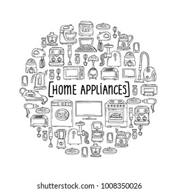 Cute decorative cover with hand drawn equipment on white background. Illustration on the theme of home appliances and electronics. Vector background for use in design
