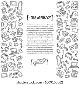 Cute decorative cover with hand drawn equipment on white background. Cover on the theme of home appliances and electronics. Vector background for use in design
