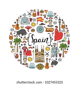 Cute decorative cover with hand drawn colored national symbols white background. Illustration on the theme of Spain. Vector background for use in design