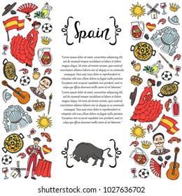 Cute decorative cover with hand drawn colored national symbols. Illustration on the theme of Spain. Vector background for use in design
