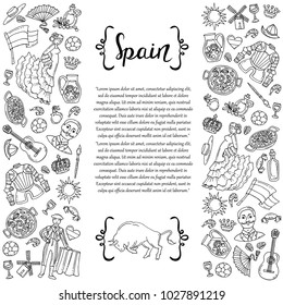 Cute decorative cover with hand drawn isolated national symbols. Illustration on the theme of Spain. Vector background for use in design
