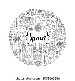 Cute decorative cover with hand drawn isolated national symbols white background. Illustration on the theme of Spain. Vector background for use in design
