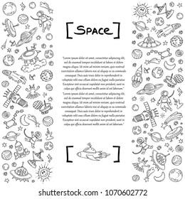 Cute decorative cover with hand drawn isolated symbolas of space. Vector background for use in design
