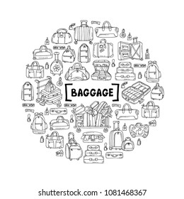 Cute decorative cover with hand drawn isolated baggage on white background. Illustration on the theme of travel and tourism. Vector background for use in design
