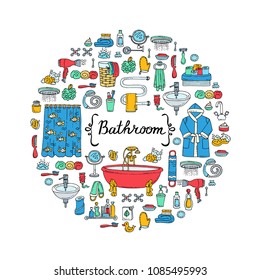 Cute decorative cover with hand drawn colored symbols of bathroom on white color. Vector background for use in design

