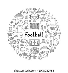 Cute decorative cover with hand drawn isolated soccer symbols on white background. Illustration on the theme of football. Vector background for use in design
