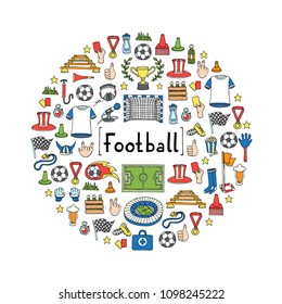 Cute decorative cover with hand drawn colored soccer symbols on white background. Illustration on the theme of football. Vector background for use in design
