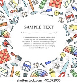 Cute decorative cover with hand drawn colored symbols of repair. Illustration on the theme of tools for repair. Vector background for use in design