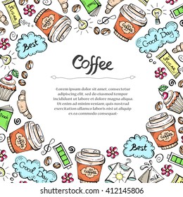 Cute decorative cover with hand drawn colored symbols of coffee. Illustration on the theme of drink and good day. Vector background for use in design