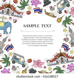 Cute decorative cover with hand drawn colored symbols of Thailand. Illustration on the theme of travel and tourism. Vector background for use in design