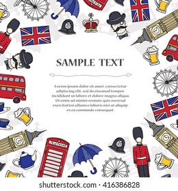 Cute decorative cover with hand drawn colored symbols of United Kingdon, England. Illustration on the theme of travel and tourism. Vector background for use in design