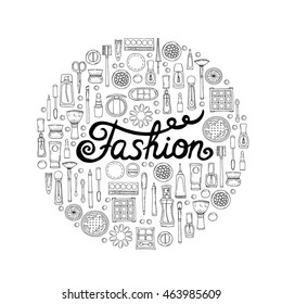 Cute decorative cover with hand drawn cosmetics on white color. Illustration on the theme of fashion and beauty. Vector background for use in design
