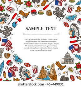 Cute decorative cover with hand drawn colored symbols of USA on white color. Illustration on the theme of United States of America. Vector background for use in design