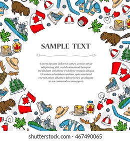 Cute decorative cover with hand drawn colored symbols of Canada on white color. Illustration on the theme of travel and tourism. Vector background for use in design