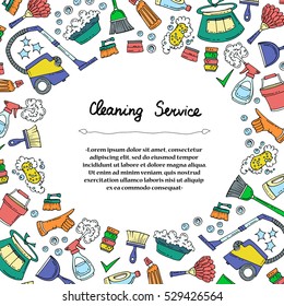 Cute decorative cover with hand drawn colored symbols of cleaning service on white background. Illustration on the theme of cleanliness. Vector background for use in design