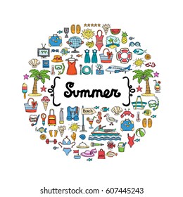 Cute decorative cover with hand drawn colored symbols of summer. Illustration on the theme of recreation, travel and tourism. Vector background for use in design