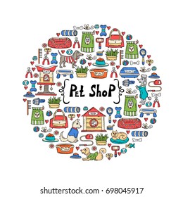 Cute decorative cover with hand drawn colored products for dogs and cats of laundry on white color. Illustration on the theme of pet shop. Vector background for use in design