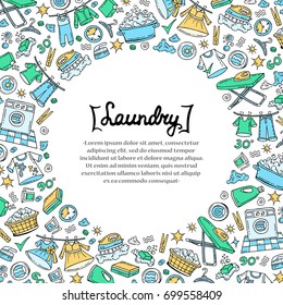 Cubierta decorativa con símbolos de limpieza pintados a mano y lavado de color blanco. Ilustración sobre el tema de la lavandería. Fondo vectorial para su uso en el diseño