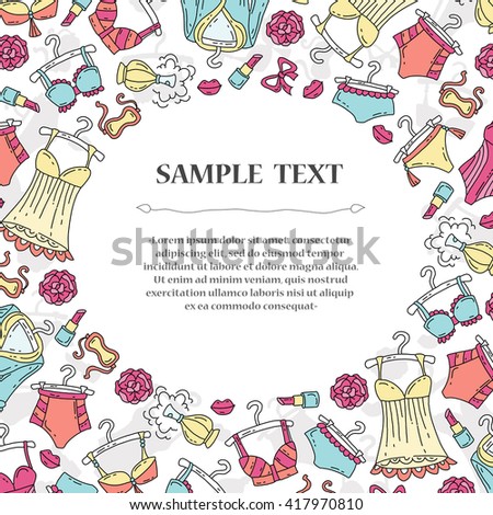 Cute decorative cover with hand drawn colored lingerie for women. Illustration on the theme of fashion. Vector background for use in design