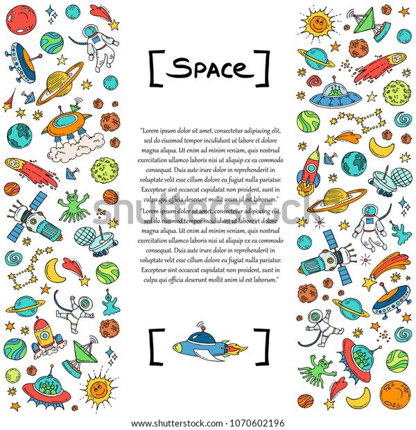 Cute decorative cover with\
hand drawn colored symbolas of space. Vector background for use in\
design\
