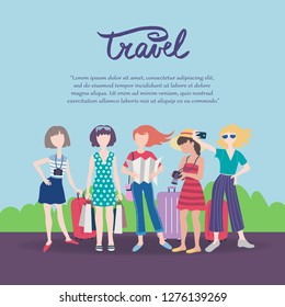 Cute decorative cover with women on the theme of travel and tourism. Colored flat style for use in design