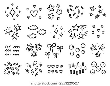 Lindos Elementos de diseño decorativos. Abstractas garabatos de diferentes Formas - estrellas, corazones, flores, confeti, arcos, burbujas, olas. Vector dibujado a mano doodle ilustración aislada sobre un fondo blanco.