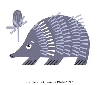 Cute decorative echidna. Animals of Australia. Scandinavian hand drawn vector illustration. Minimalistic geometric icon. Baby print for nursery.